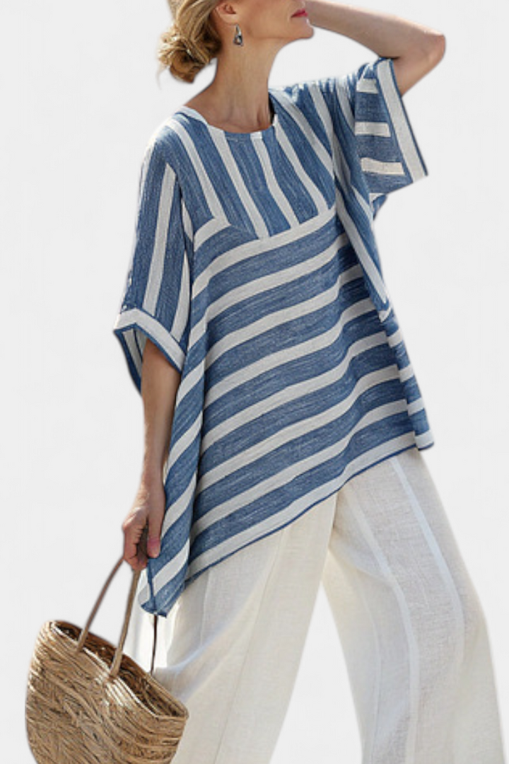Ornella – sophisticated blue striped top and trousers with hem details