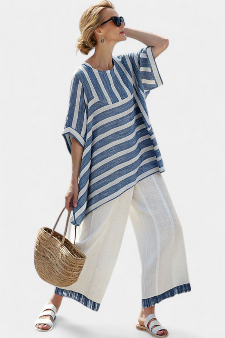 Ornella – sophisticated blue striped top and trousers with hem details