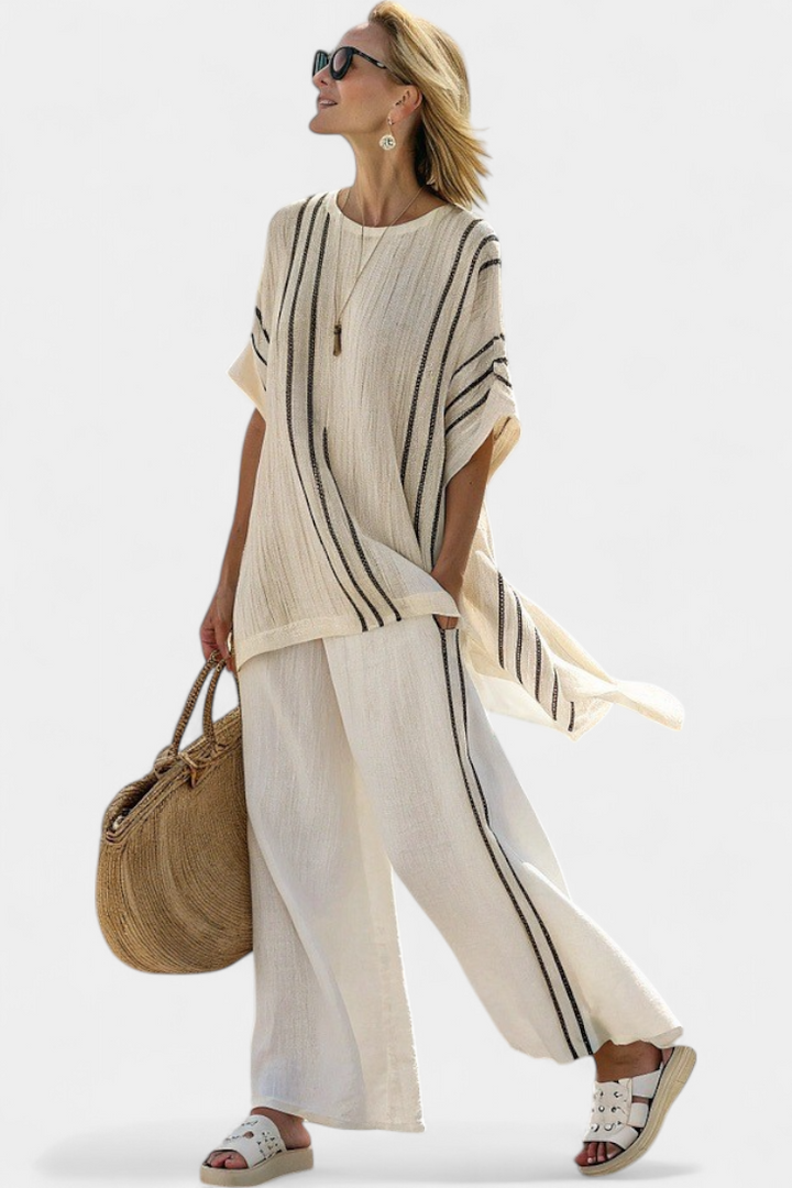 Raffaella – elegant ivory linen blouse and black striped trousers