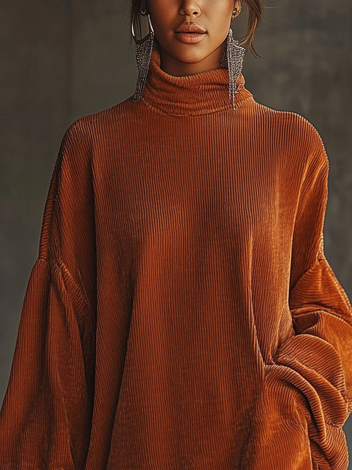 MIRA ORANGE CORDUROY DRESS WITH FRINGED HEM AND HIGH COLLAR