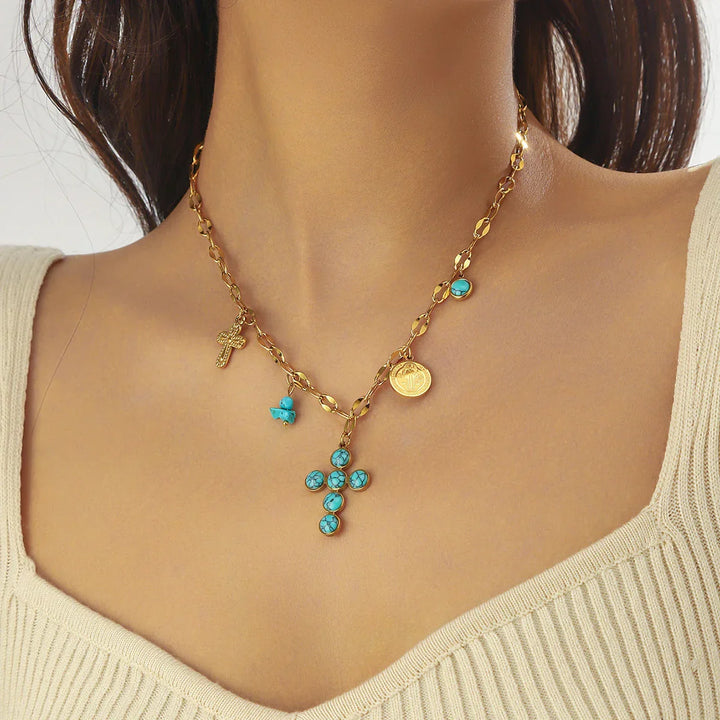 Exclusive Turquoise Stainless Steel Cross Necklace