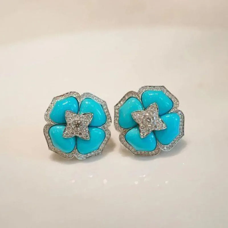 Sophisticated Blue Silver Earrings with Flowers