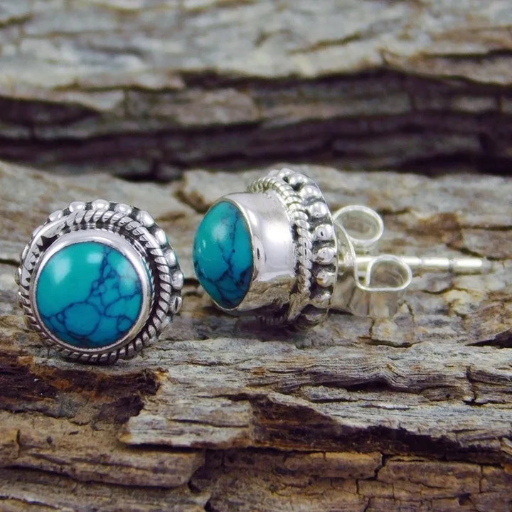 Round Stud Earrings in Antique Turquoise Stone