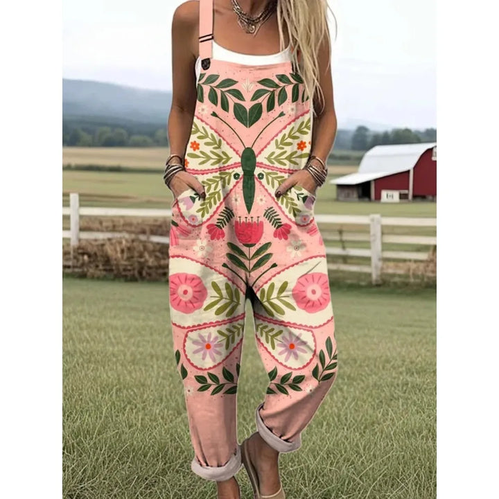 Damesoverall met verstelbare bandjes Vlinder- en bloemenprint Jumpsuit voor boerderij/casual uitjes Lichtgewicht ademend streetwear