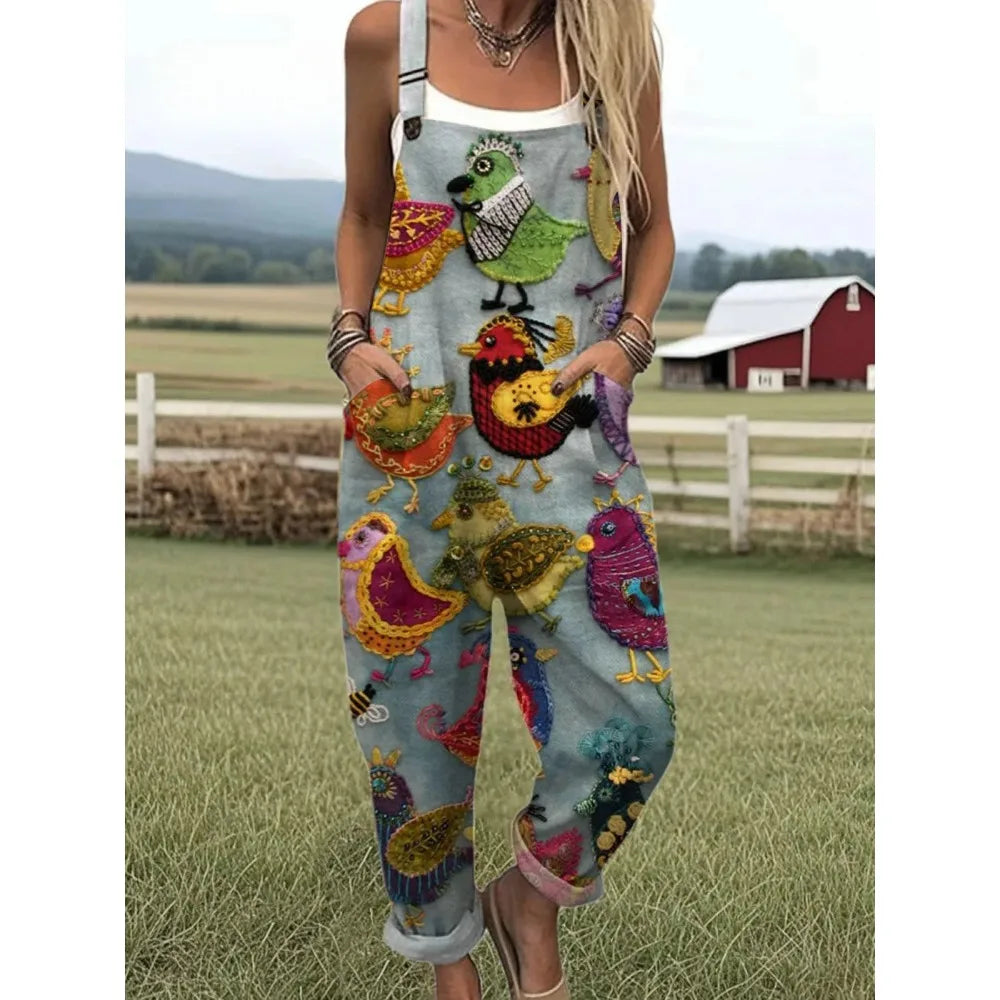 Damesoverall met verstelbare bandjes Vlinder- en bloemenprint Jumpsuit voor boerderij/casual uitjes Lichtgewicht ademend streetwear