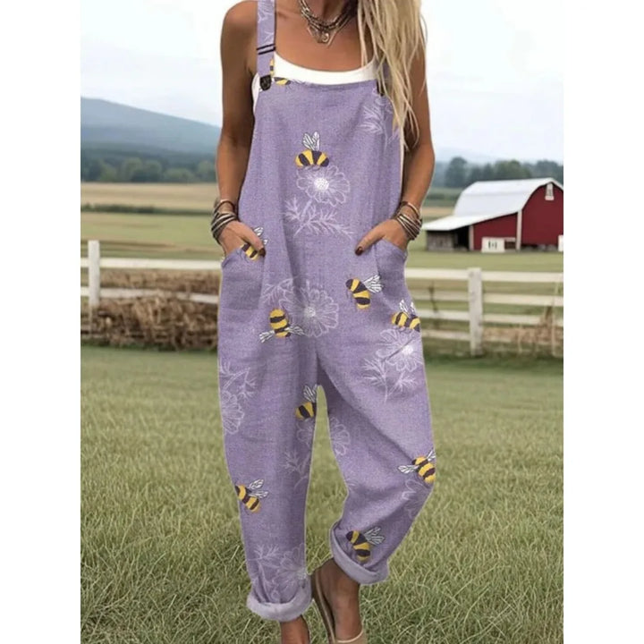 Damesoverall met verstelbare bandjes Vlinder- en bloemenprint Jumpsuit voor boerderij/casual uitjes Lichtgewicht ademend streetwear