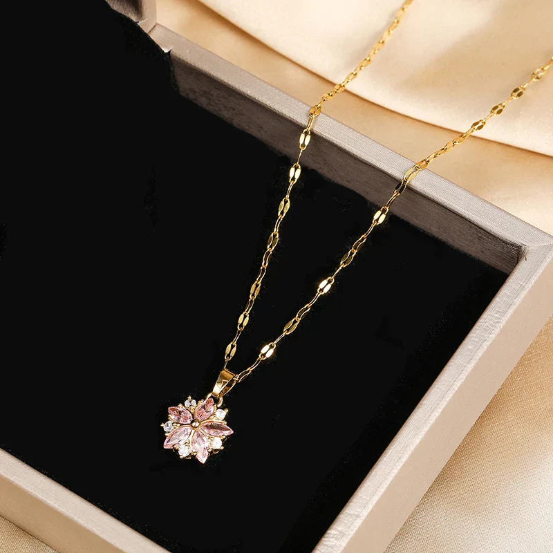 Romantic Sakura Rose Stainless Steel Necklace