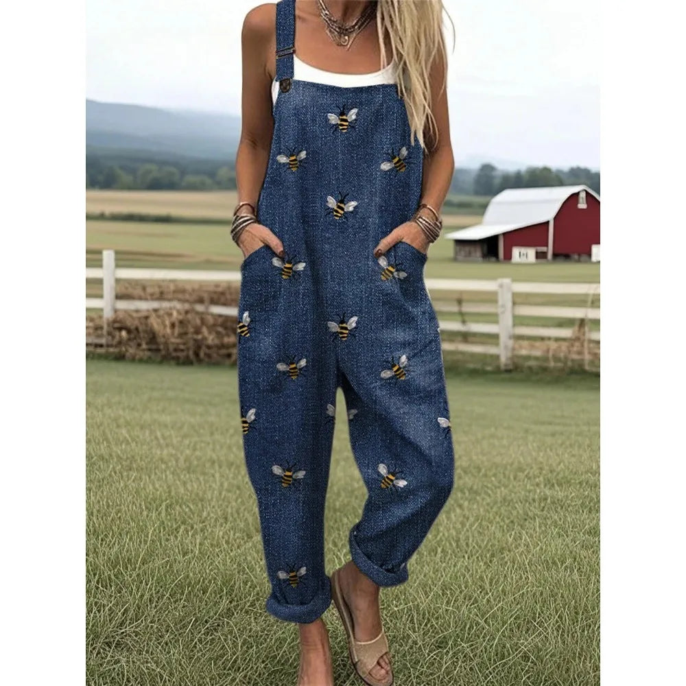 Damesoverall met verstelbare bandjes Vlinder- en bloemenprint Jumpsuit voor boerderij/casual uitjes Lichtgewicht ademend streetwear