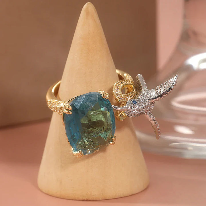 Adjustable Aquamarine-Color Hummingbird Ring – 14K Gold Plated