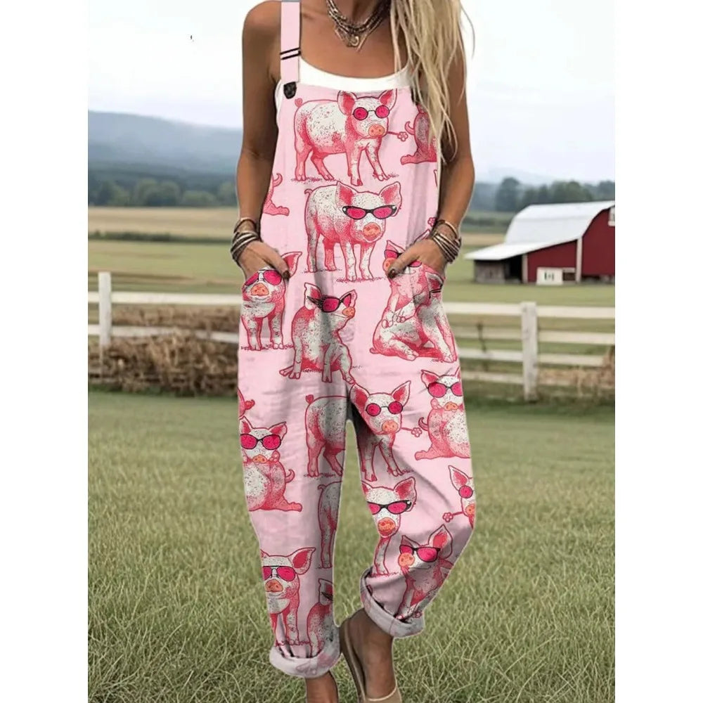 Damesoverall met verstelbare bandjes Vlinder- en bloemenprint Jumpsuit voor boerderij/casual uitjes Lichtgewicht ademend streetwear