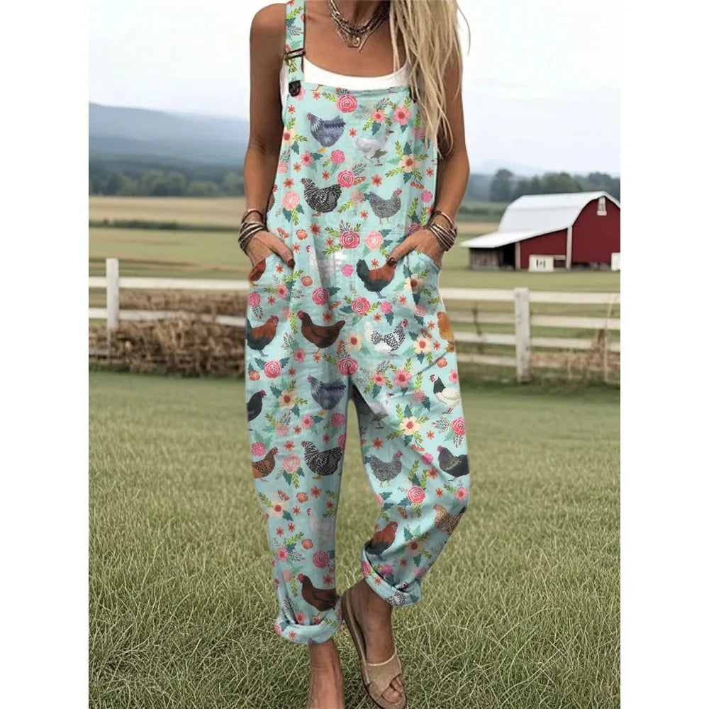 Damesoverall met verstelbare bandjes Vlinder- en bloemenprint Jumpsuit voor boerderij/casual uitjes Lichtgewicht ademend streetwear
