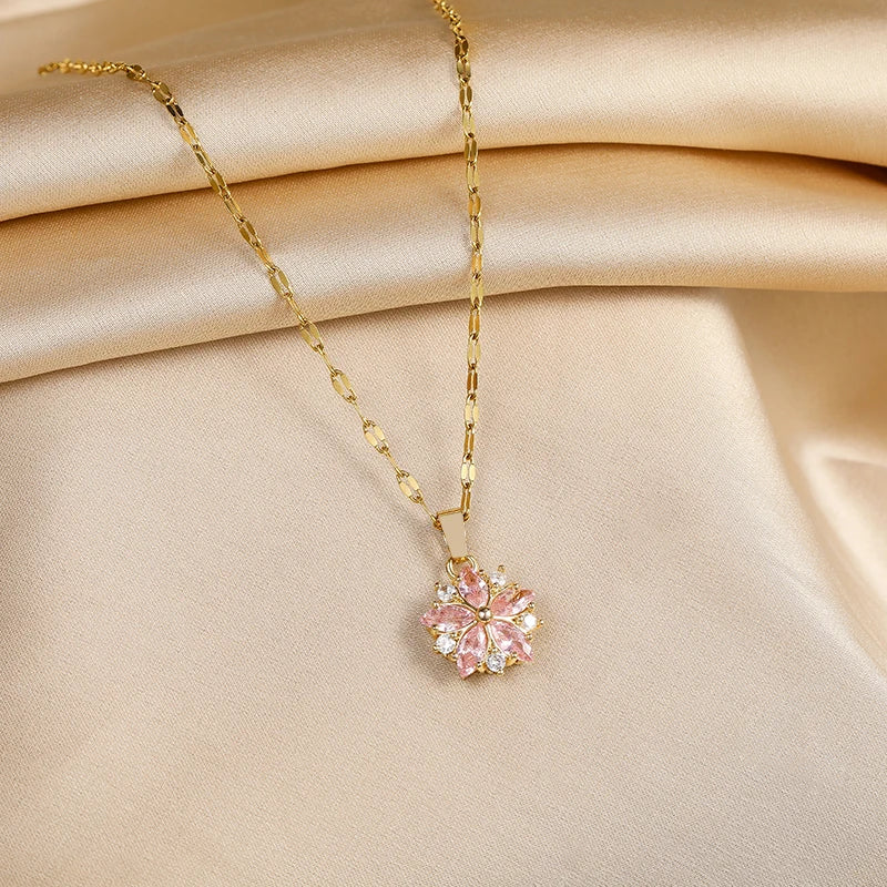 Romantic Sakura Rose Stainless Steel Necklace