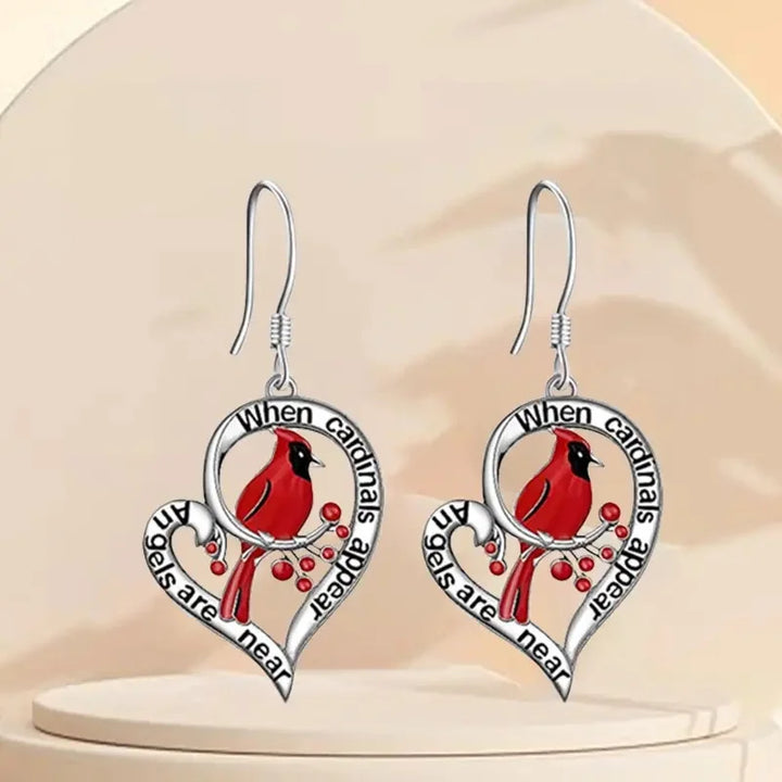 Cardinal Memorial Earrings – “When Cardinals Appear, Angels Are Near” Heart Drop Design