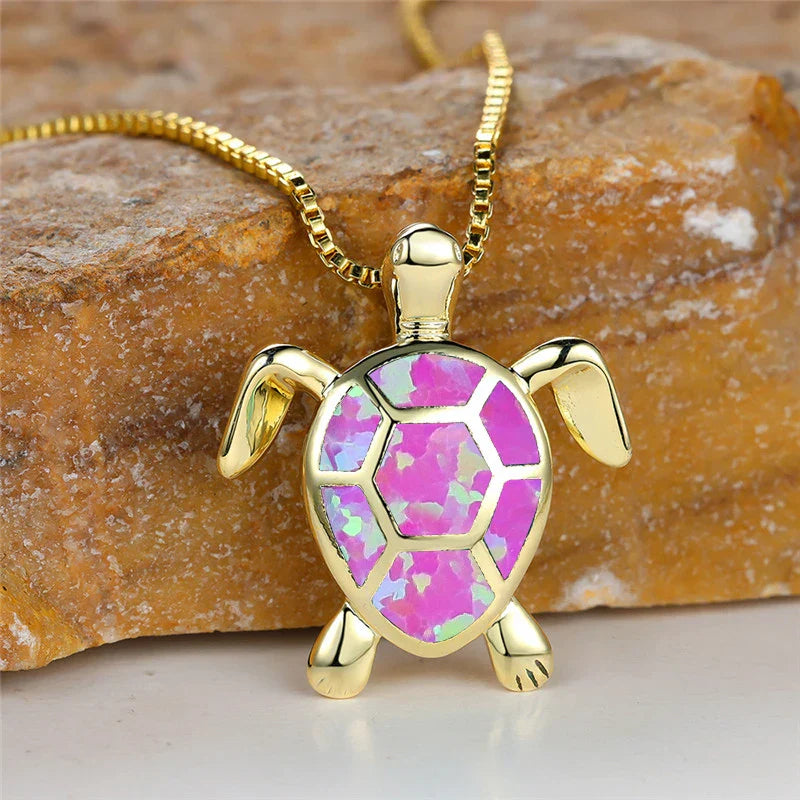Vintage Green Fire Opal Turtle Pendant in Gold