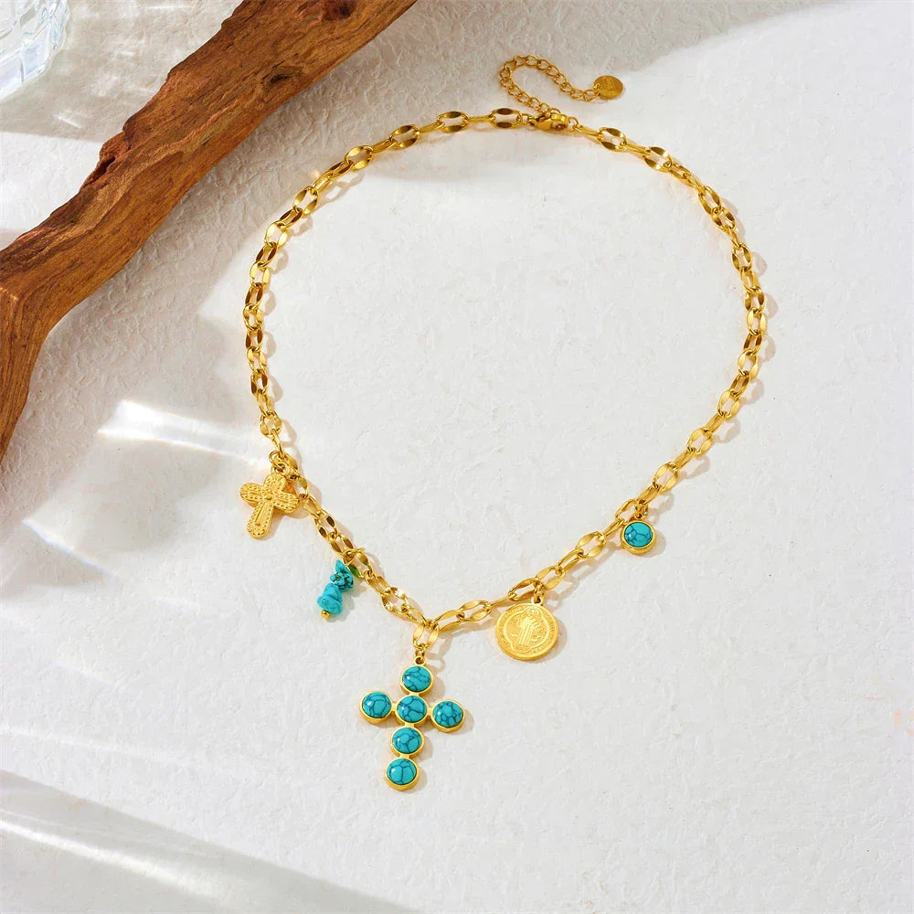 Exclusive Turquoise Stainless Steel Cross Necklace