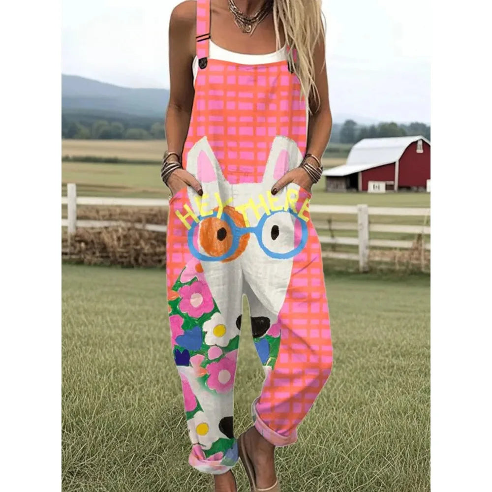 Damesoverall met verstelbare bandjes Vlinder- en bloemenprint Jumpsuit voor boerderij/casual uitjes Lichtgewicht ademend streetwear