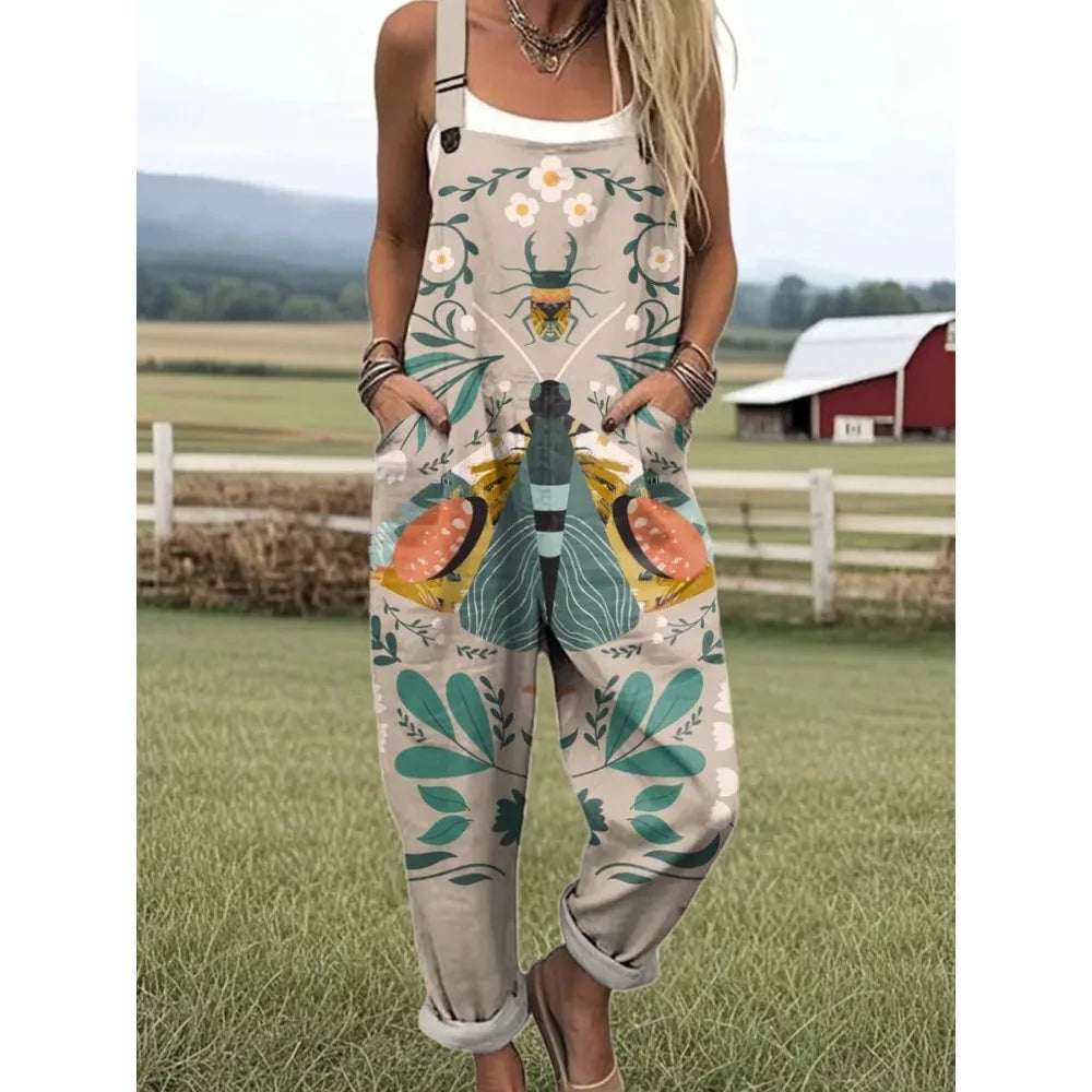 Damesoverall met verstelbare bandjes Vlinder- en bloemenprint Jumpsuit voor boerderij/casual uitjes Lichtgewicht ademend streetwear