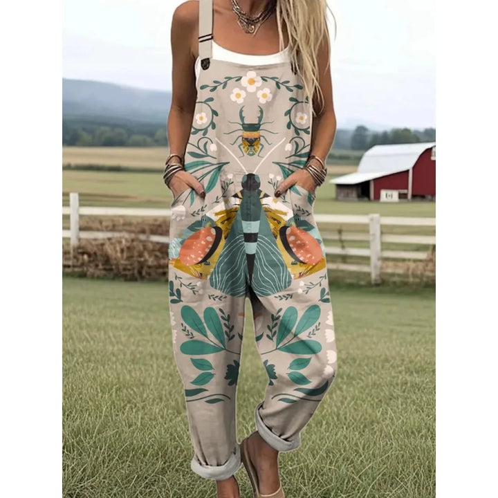 Damesoverall met verstelbare bandjes Vlinder- en bloemenprint Jumpsuit voor boerderij/casual uitjes Lichtgewicht ademend streetwear