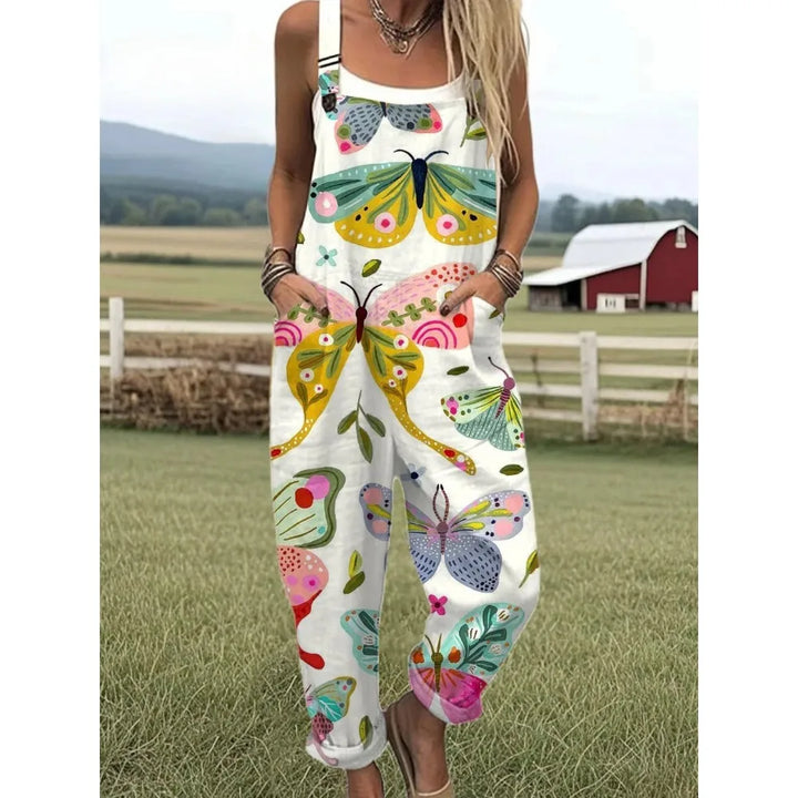 Damesoverall met verstelbare bandjes Vlinder- en bloemenprint Jumpsuit voor boerderij/casual uitjes Lichtgewicht ademend streetwear