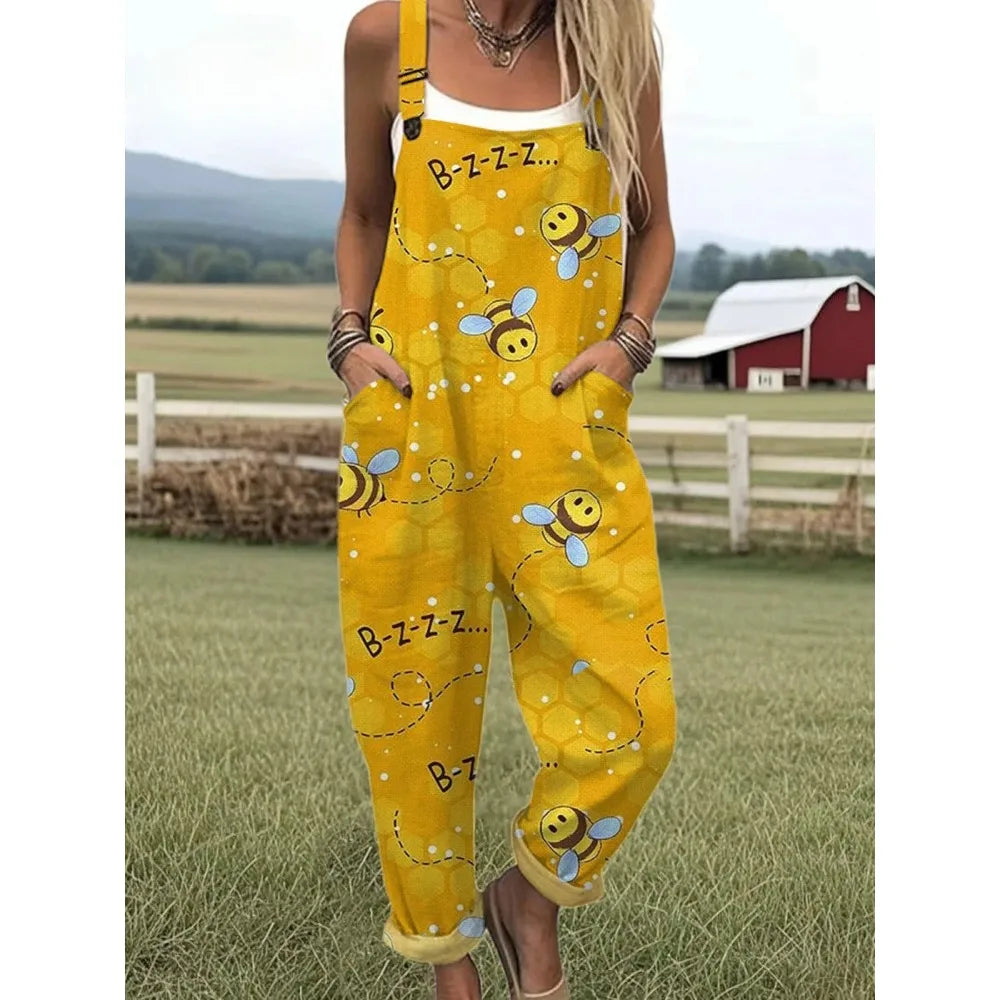 Damesoverall met verstelbare bandjes Vlinder- en bloemenprint Jumpsuit voor boerderij/casual uitjes Lichtgewicht ademend streetwear
