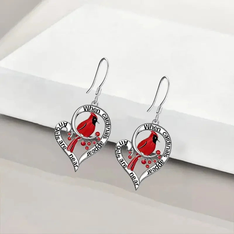 Cardinal Memorial Earrings – “When Cardinals Appear, Angels Are Near” Heart Drop Design