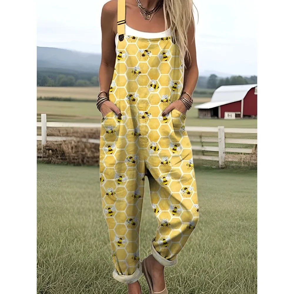 Damesoverall met verstelbare bandjes Vlinder- en bloemenprint Jumpsuit voor boerderij/casual uitjes Lichtgewicht ademend streetwear