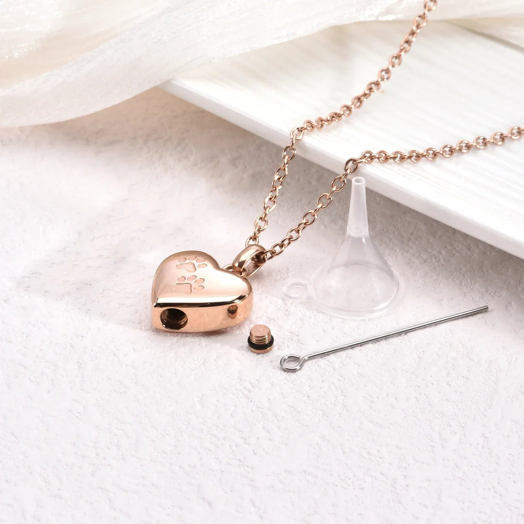 Pet Memorial Urn Necklace – Heart-Shaped Pendant with Paw Engraving