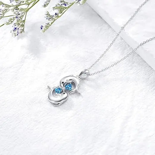 Silver Dolphin Blue Crystal Necklace