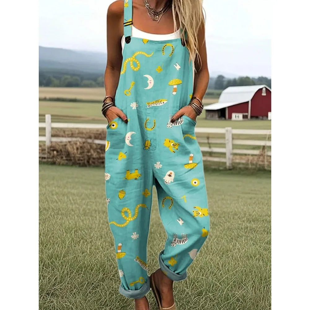 Damesoverall met verstelbare bandjes Vlinder- en bloemenprint Jumpsuit voor boerderij/casual uitjes Lichtgewicht ademend streetwear