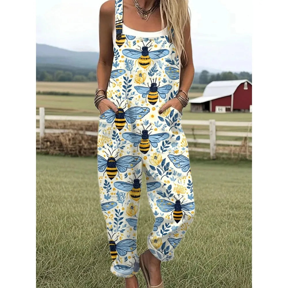 Damesoverall met verstelbare bandjes Vlinder- en bloemenprint Jumpsuit voor boerderij/casual uitjes Lichtgewicht ademend streetwear