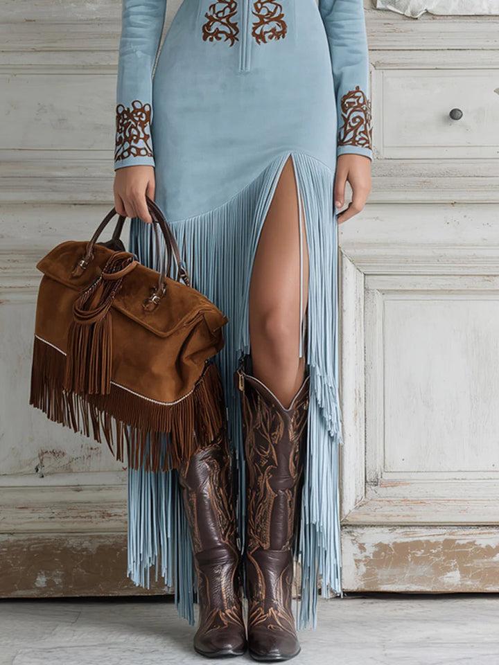 OPHELIO WESTERN HALF-ZIP EMBROIDERED FAUX SUEDE FRINGE MAXI DRESS
