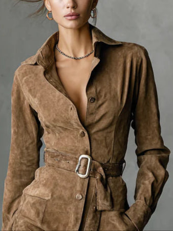 MARIGOLD SUEDE SINGLE BREASTED LAPEL LONG SLEEVE MIDI DRESS (INCLUDES BELT)