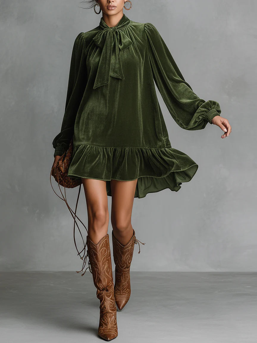 AVA LOOSE-FITTING VELVET MINI DRESS WITH NECKLINE BOW