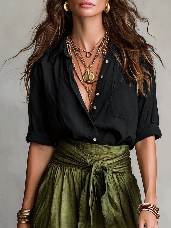Black Shirt and Olive Green Midi Skirt Two-Piece Set