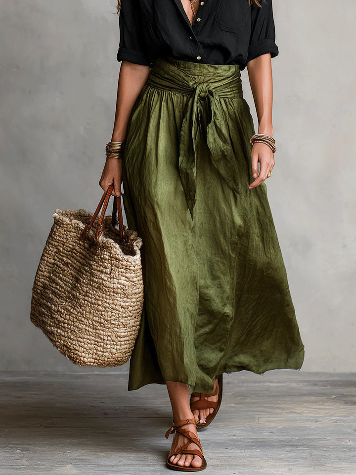 Black Shirt and Olive Green Midi Skirt Two-Piece Set