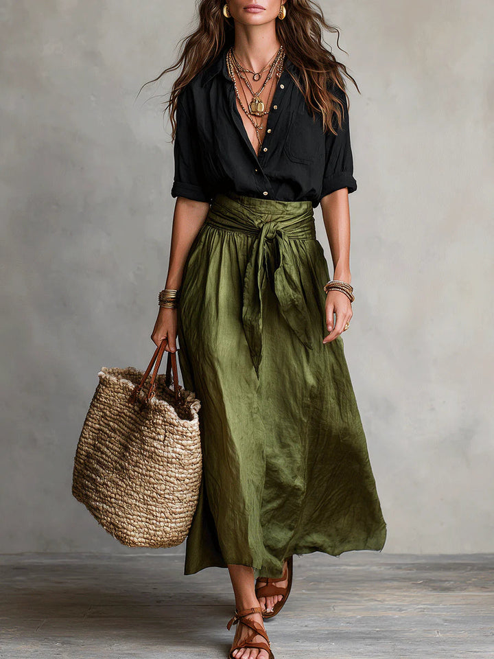 Black Shirt and Olive Green Midi Skirt Two-Piece Set