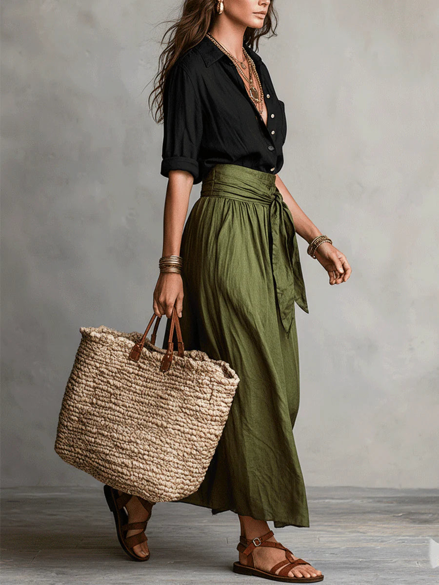 Black Shirt and Olive Green Midi Skirt Two-Piece Set