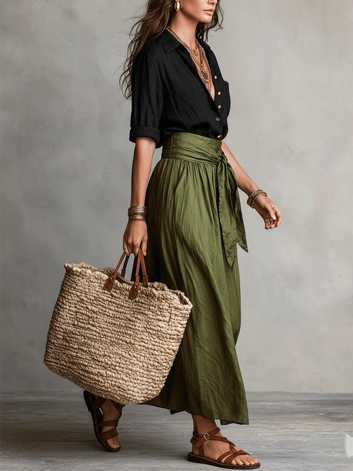 Black Shirt and Olive Green Midi Skirt Two-Piece Set