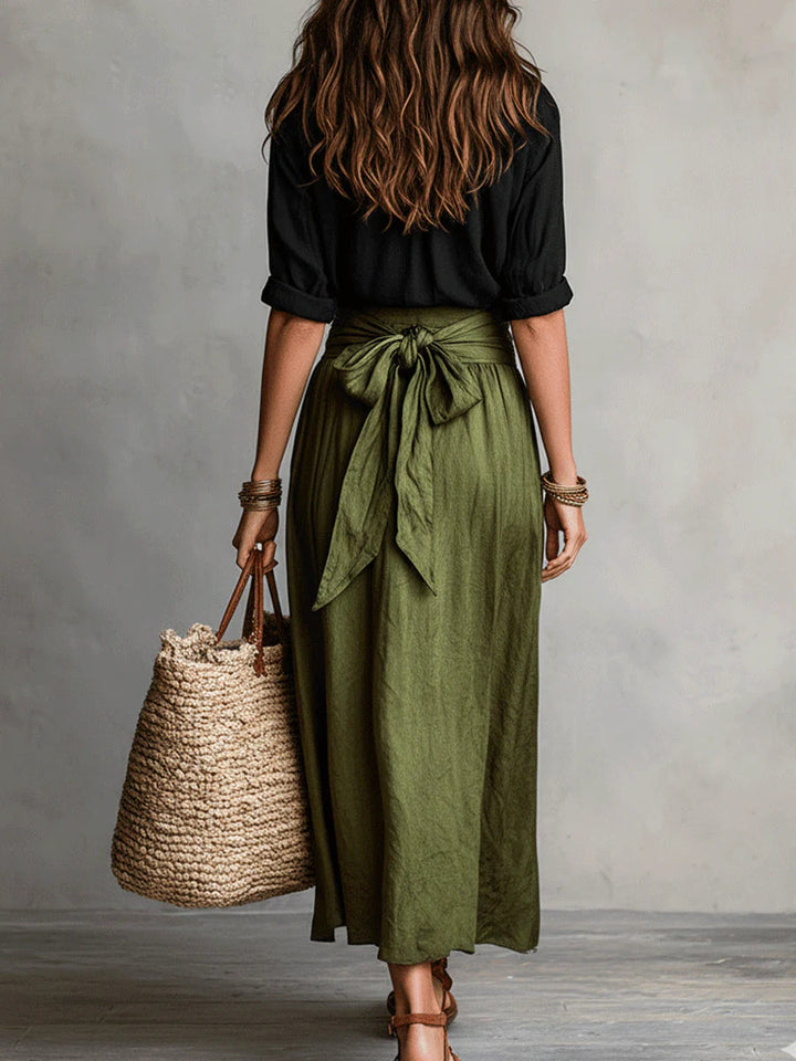 Black Shirt and Olive Green Midi Skirt Two-Piece Set