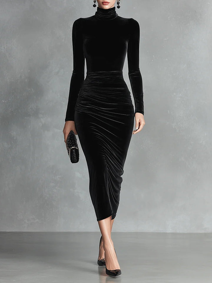 VERITY BLACK VELVET ELEGANT HIGH-NECK BODYCON DRESS