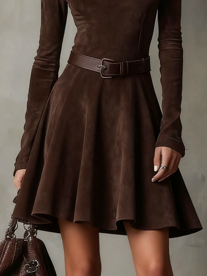 THALASSO VINTAGE DARK BROWN SUEDE MOCK NECK MINI DRESS