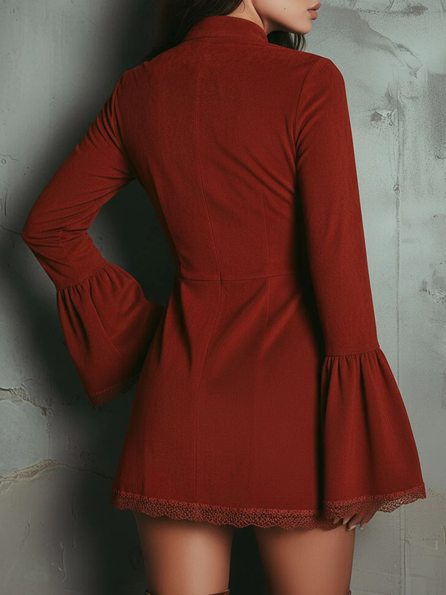 AUROLIA VINTAGE RUST RED BELL SLEEVE EMBROIDERED FAUX SUEDE LACE MINI DRESS