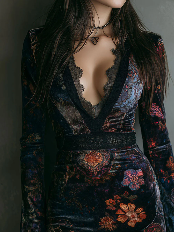 SARAH | FLORAL PRINT MINI DRESS WITH V-NECK, VELVET LACE TRIM, AND SLIM FIT