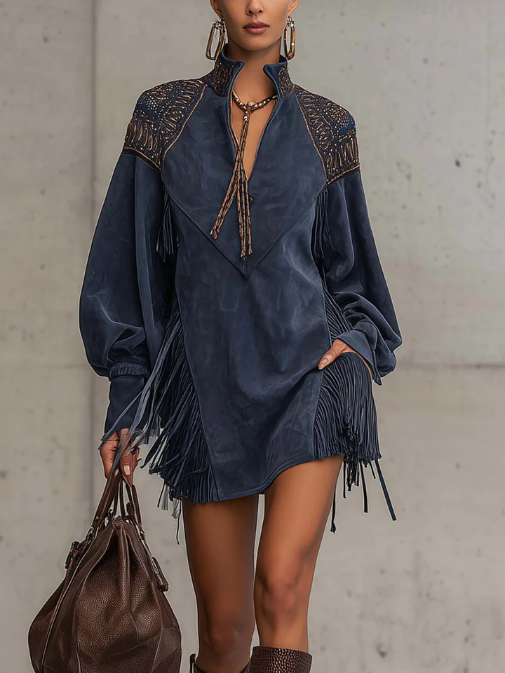 JUNO INDIGO SUEDE MINI DRESS WITH EMBROIDERED TASSELS AND STAND COLLAR