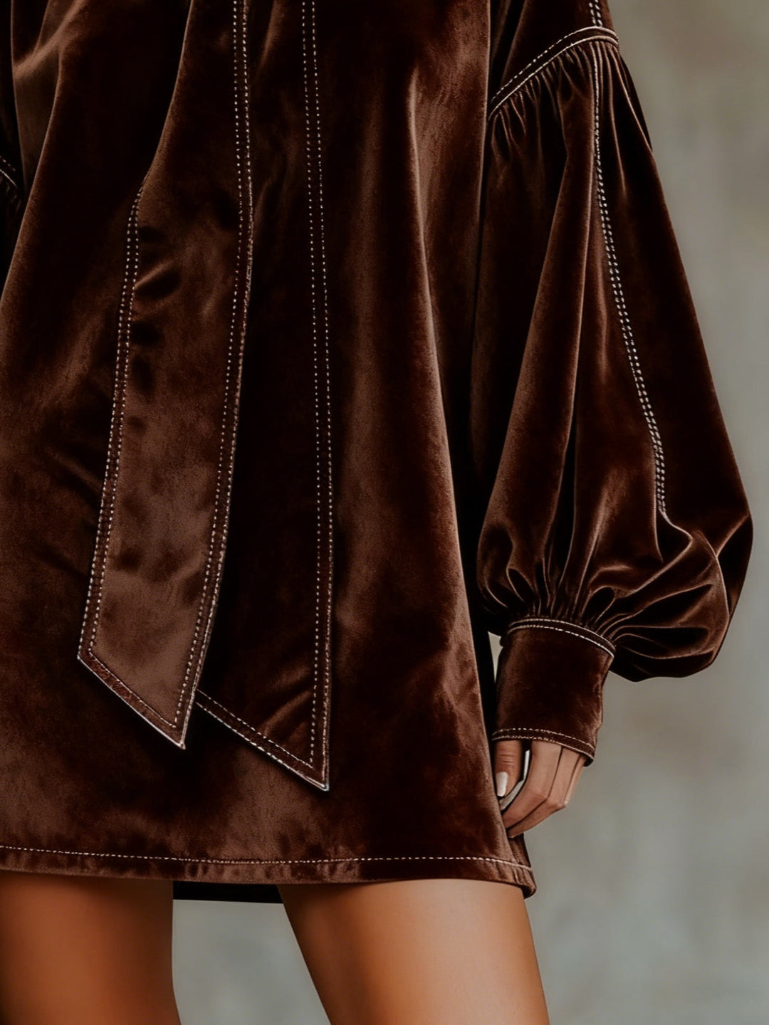 CELESTE DARK BROWN VELVET MINI DRESS WITH BOW AND LANTERN SLEEVES