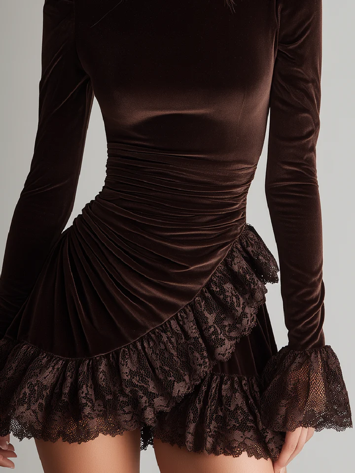 MAYA BROWN VELVET MINI DRESS WITH TURTLENECK AND RUFFLED HEM