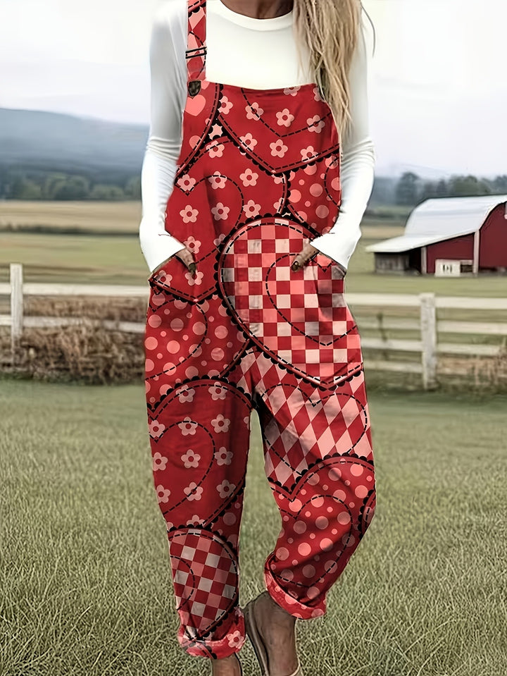 Plus Size - Plus Size - Plus Size Dames Casual Bedrukte Overalls, Rood Geruit Bloemmotief Bretels, Losvallende Lange Broek in Landelijke Stijl, Nieuwe Modieuze Damesbroek voor de Lente