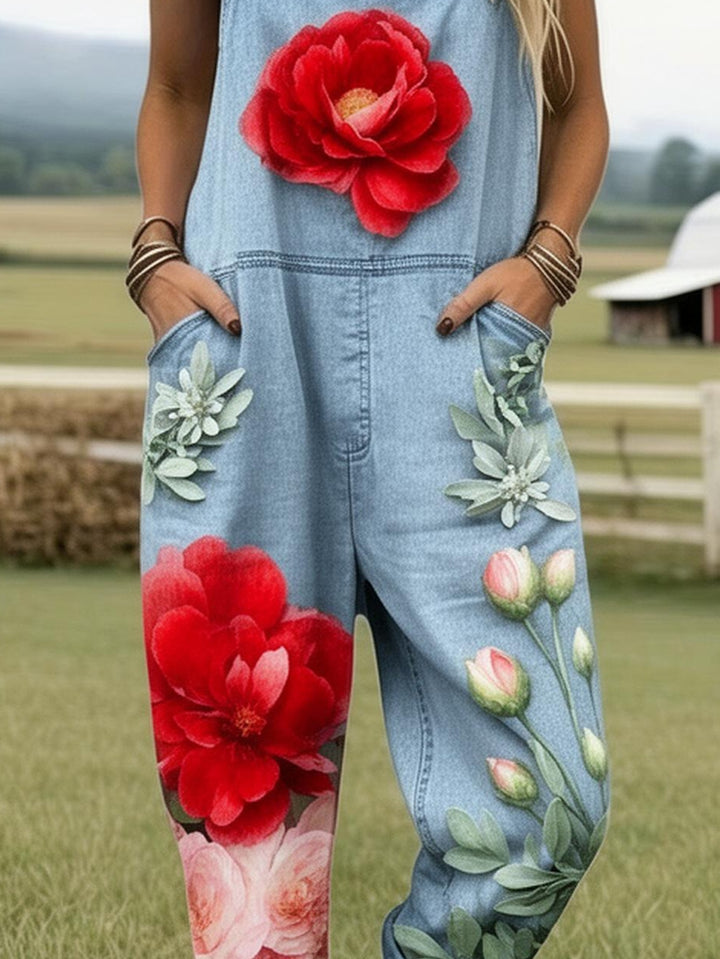 Plus Size - Plus Size - Plus Size, Dames Full Printed Overalls Jumpsuit Bloemen Denim Overalls Dames Boho Stijl Zomer Tuin Look Casual Jumpsuit Fashion Outfit Print Romper met Zakken, Geschikt voor Lente Zomer Herfst