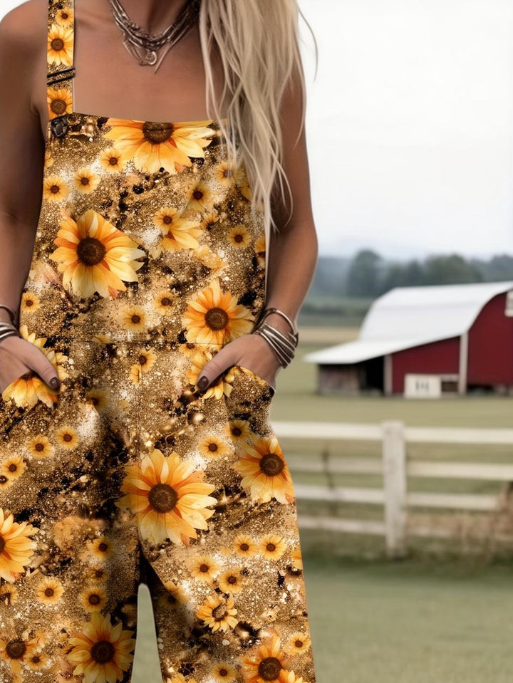 Plus Size - Plus Size - Plus Size, Dames Full Bedrukte Overalls Jumpsuit Zonnebloem Print Jumpsuit Dames Boho Overalls Landelijke Boerderij Stijl Casual Zomer Outfit Print Romper met Zakken, Geschikt voor Lente Zomer Herfst, Machinewasbare Casual Outfit