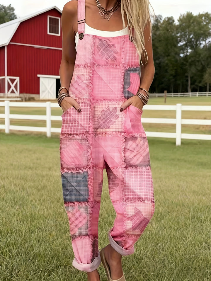 Grote maten, roze patchwork geruite tuinbroek, zomerse casual jumpsuit voor dames, losvallende broek, trendy